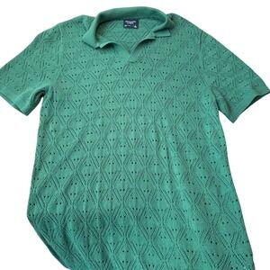 Abercrombie & Fitch Crochet Pointelle Knit Polo Mens L Tall Green Relaxed Summer